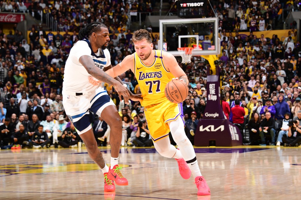 Luka Doncic #77 of the Los Angeles Lakers handles the ball during the game against the Minnesota Timberwolves during Round 1 Game 2 of the 2025 NBA Playoffs on April 22, 2025 at Crypto.Com Arena in Los Angeles, California.
