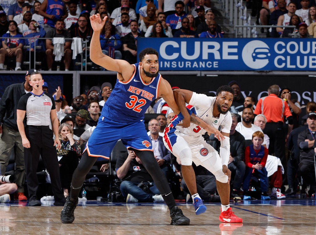 Karl-Anthony Towns calls for the ball against the Detroit Pistons during Round 1 Game 3 of the 2025 NBA Playoffs on April 24, 2025 at Little Caesars Arena in Detroit, Michigan.