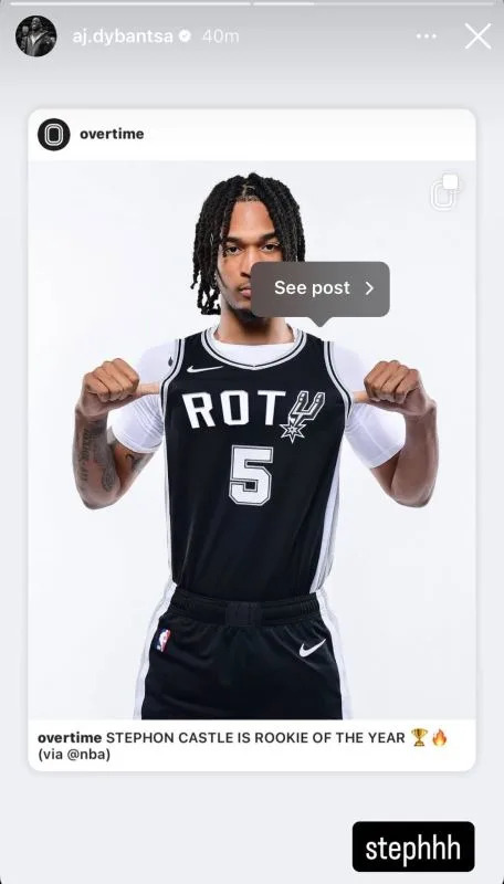 AJ Dybantsa reacted to Stephon Castle being named the NBA Rookie of the Year.AJ Dybantsa, Instagram