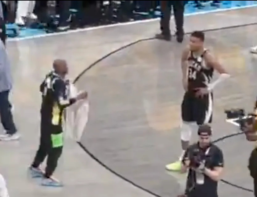 Giannis Antetokounmpo gets taunted by Tyrese Haliburton’s father. X, @Karley_Marotta