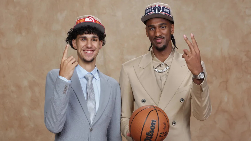 BROOKLYN, NY - JUNE 26: Zaccharie Risacher and Alex Sarr pose for a portrait during the 2024 NBA Draft - Round One on June 26, 2024 at Barclays Center in Brooklyn, New York. NOTE TO USER: User expressly acknowledges and agrees that, by downloading and or using this photograph, User is consenting to the terms and conditions of the Getty Images License Agreement. Mandatory Copyright Notice: Copyright 2024 NBAE (Photo by Steven Freeman/NBAE via Getty Images)