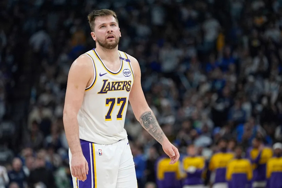 Luka Doncic (77) reacts after a foul called on the Lakers during the first half of Game 4 of an NBA basketball first-round playoff series against the Minnesota Timberwolves, Sunday, April 27, 2025. AP