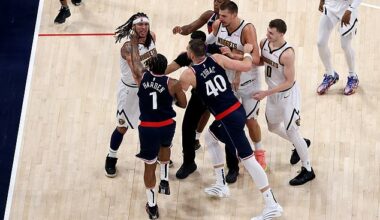 James Harden #1 and Ivica Zubac #40 of the LA Clippers get into a skirmish with Aaron Gordon #32 of the Denver Nuggets, Nikola Jokic #15, and Christian Braun #0 of the Denver Nuggets