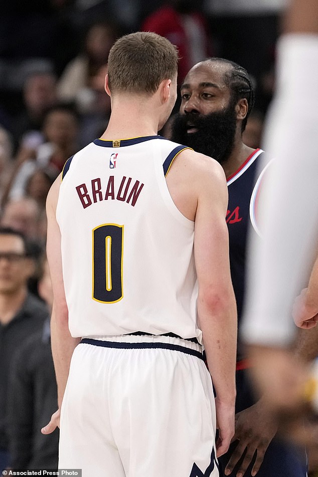Nuggets guard Christian Braun, left, and Clippers guard James Harden square up in LA