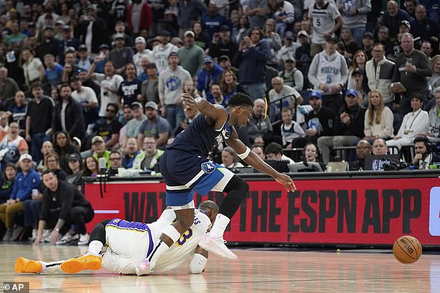 LeBron James dove into Anthony Edwards while going for the ball on Sunday in the playoffs