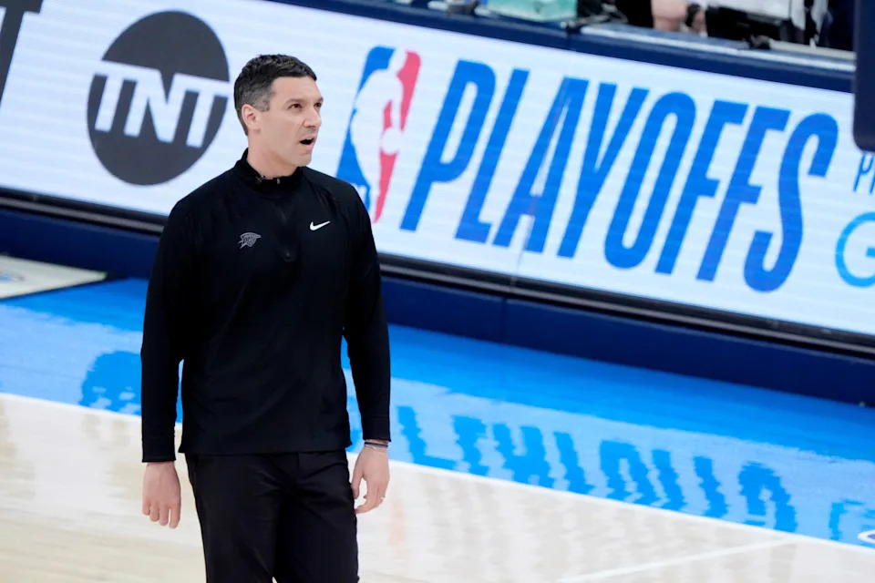 Oklahoma City coach Mark Daigneault walks on the court during Game 2 of the NBA playoff series between the Oklahoma City Thunder and the Memphis Grizzlies at Paycom Center in Oklahoma City, Tuesday, April 22, 2025. Oklahoma City won 118-99.