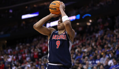 Carter Bryant #9 of the Arizona Wildcats shoots the ball during the first half against the Duke Blu...