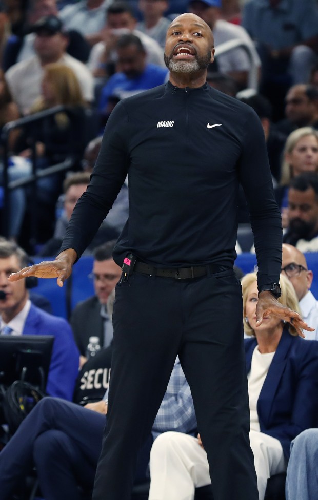 Orlando coach Jamahl Mosley coaches during the Boston Celtics at...