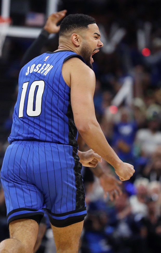 Orlando guard Cory Joseph screams during the Boston Celtics at...