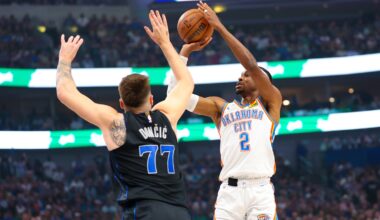 May 18, 2024; Dallas, Texas, USA; Oklahoma City Thunder guard Shai Gilgeous-Alexander (2) shoots over Dallas Mavericks guard Luka Doncic (77) during the first quarter in game six of the second round of the 2024 NBA playoffs at American Airlines Center. Mandatory Credit: Kevin Jairaj-USA TODAY Sports