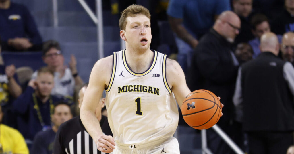 Mar 5, 2025; Ann Arbor, Michigan, USA; Michigan Wolverines center Danny Wolf (1) dribbles in the first half against the Maryland Terrapins at Crisler Center. Mandatory Credit: Rick Osentoski-Imagn Images
