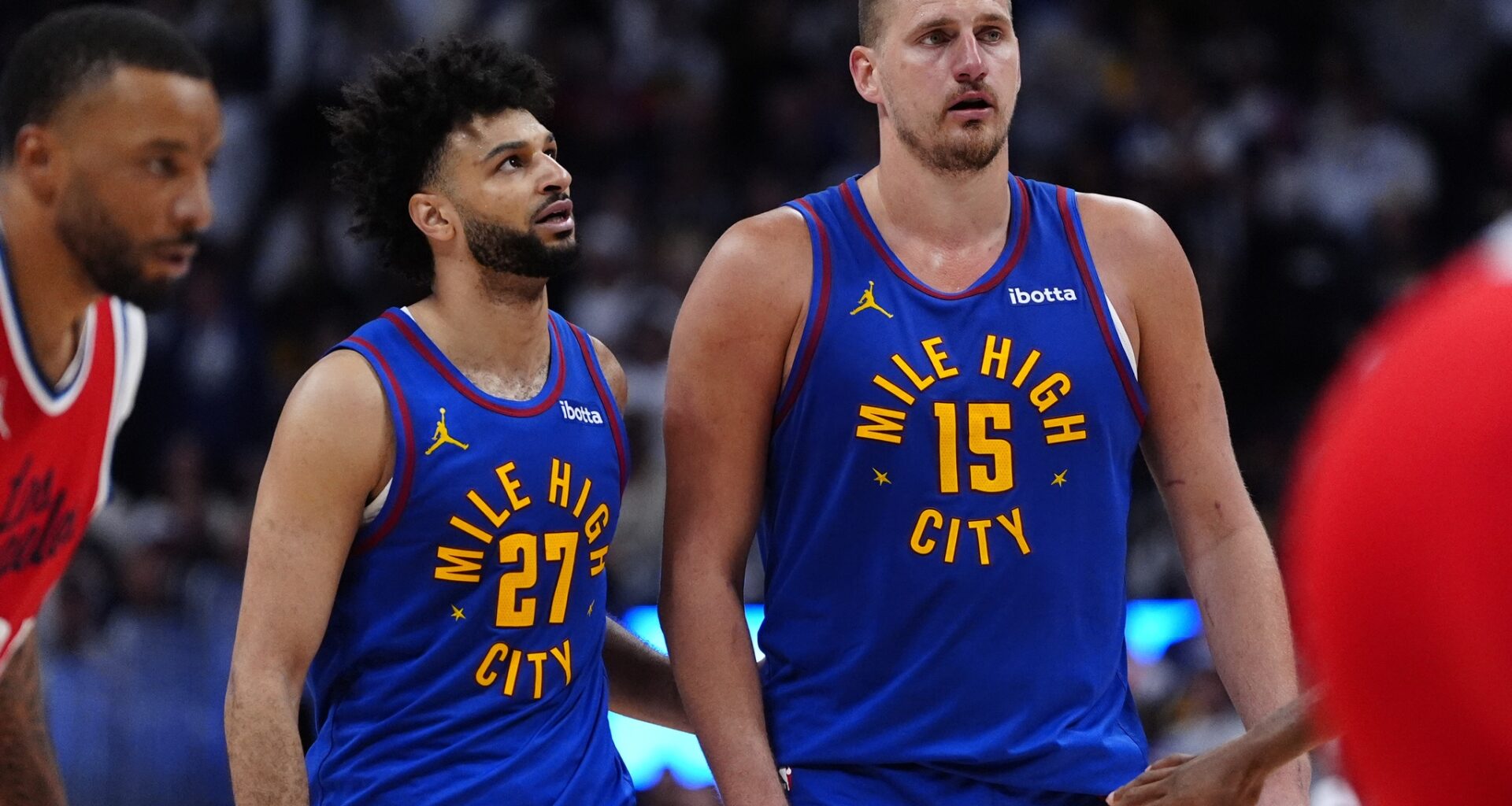Nuggets stars Nikola Jokic and Jamal Murray walk during a series against the Clippers in the 2024-25 NBA Playoffs.