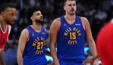 Nuggets stars Nikola Jokic and Jamal Murray walk during a series against the Clippers in the 2024-25 NBA Playoffs.
