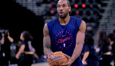 Clippers forward Kawhi Leonard warms up against the Nuggets during the 2024-25 NBA Playoffs.
