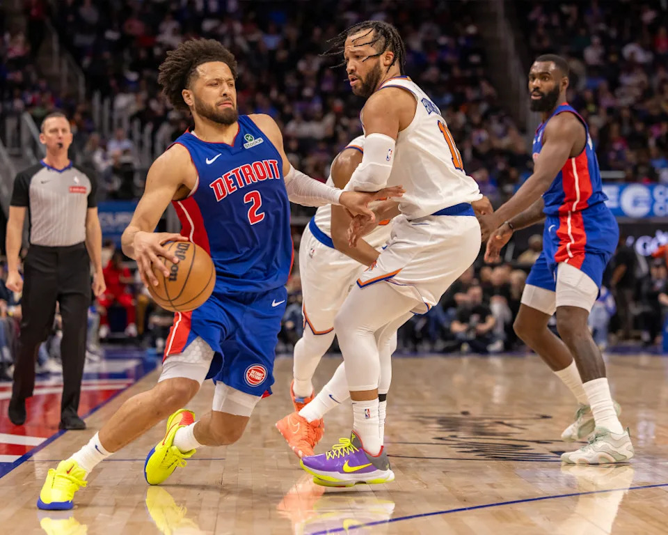 Apr 10, 2025; Detroit, Michigan, USA; New York Knicks guard Jalen Brunson (11) defends against Detroit Pistons guard Cade Cunningham (2) during the second half at Little Caesars Arena.© David Reginek-Imagn Images