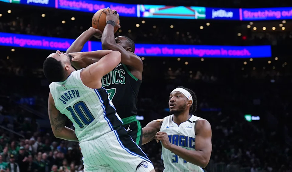 Cory Joseph is hit as he attempts to take a charge vs. Jaylen Brown of the Celtics on April 29, 2025. © David Butler II-Imagn Images