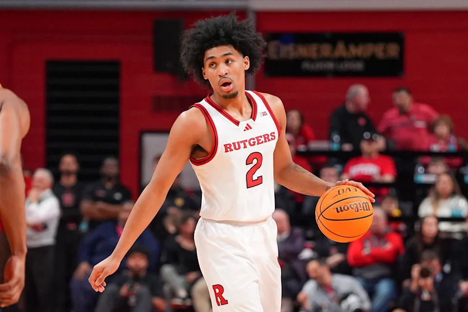PISCATAWAY, NJ - MARCH 09: Dylan Harper #2 of the Rutgers Scarlet Knights controls the ball during the game against the Minnesota Golden Gophers on March 9, 2025 at Jersey Mikes Arena in Piscataway, New Jersey. (Photo by Rich Graessle/Icon Sportswire via Getty Images)