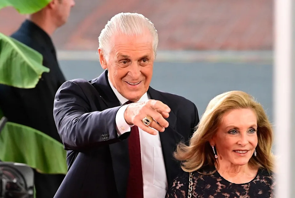 Aug 12, 2023; Springfield, MA, USA; Miami Heat president Pat Riley walks the red carpet at the 2023 Basketball Hall of Fame induction ceremony at Symphony Hall. Mandatory Credit: Eric Canha-Imagn Images Mandatory Credit: Eric Canha-Imagn Images