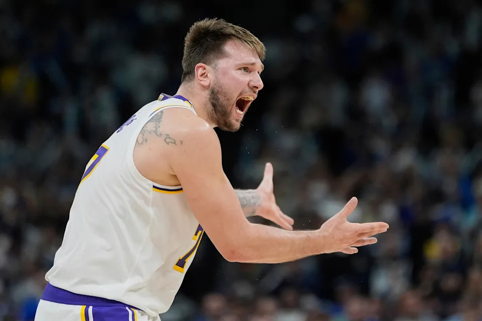 Luka Dončić and the Lakers are on the brink of first-round elimination after Sunday's loss to the Timberwolves. (AP Photo/Abbie Parr)