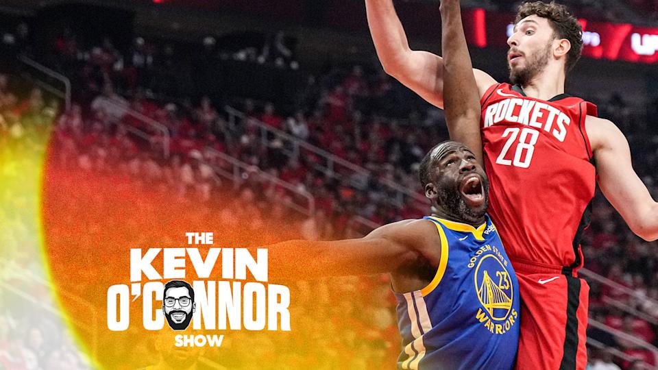 Houston Rockets center Alperen Sengun (28) shoots over Golden State Warriors forward Draymond Green (23) during the first half of Game 2 of an NBA basketball first-round playoff series against the Houston Rockets in Houston, Wednesday, April 23, 2025. (AP Photo/Karen Warren)