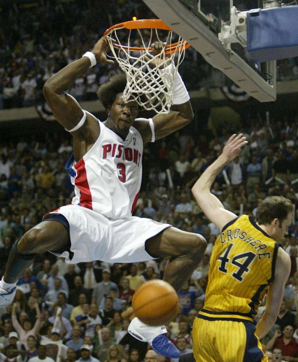 Ben Wallace, pictured in Game 6 of the Eastern Conference finals Tuesday, June 1, 2004, at the Palace of Auburn Hills, was the defensive backbone of the Pistons’ 2004 NBA championship team and a four-time NBA Defensive Player of the Year. Wallace played for the Pistons from 2000-2006, then returned from 2009-2012. He ranks fourth in Pistons franchise history in rebounds (7,264) and first in blocks (1,486). Undrafted and relentless, Wallace became a Hall of Famer through grit, hustle, and elite defense.