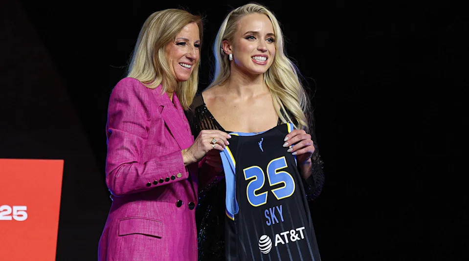 Hailey Van Lith poses with WNBA commissioner Cathy Engelbert after being selected with the No. 11 overall pick by the Chicago Sky in the WNBA Draft in New York on April 14, 2025.Vincent Carchietta-Imagn Images