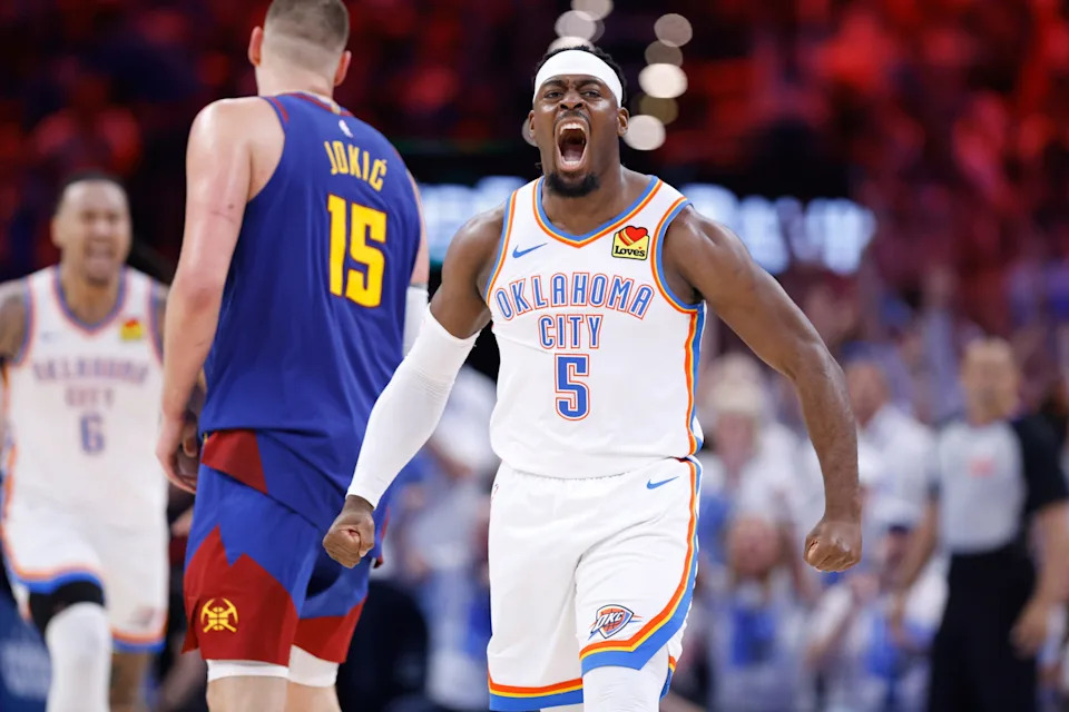 Oklahoma City Thunder guard Luguentz Dort (5) celebrates after making a 3-pointer during Game 5 of the NBA playoff series between the Oklahoma City Thunder and the Denver Nuggets at Paycom Center in Oklahoma City, Tuesday, May 13, 2025.
