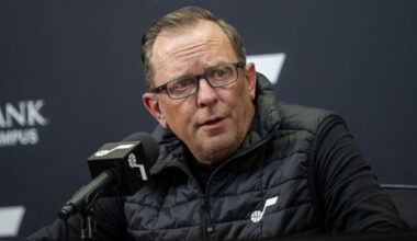 Justin Zanik, general manager of the Utah Jazz, speaks at an end of season press conference at the ...