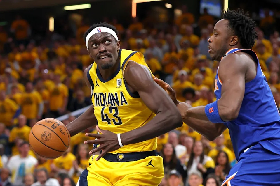 Pascal Siakam drives on OG Anunoby during the first quarter of the Knicks’ Game 4 road loss to the Pacers. Getty Images