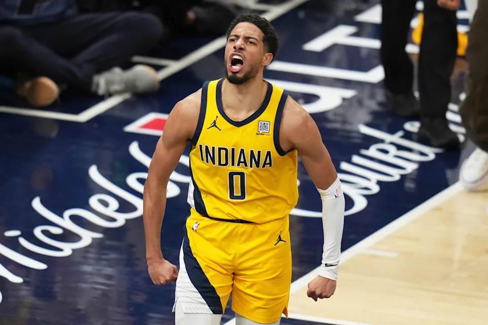 Indiana Pacers guard Tyrese Haliburton celebrates during the first half of Game 3 of the Eastern Conference finals of the NBA basketball playoffs against the New York Knicks Sunday, May 25, 2025, in Indianapolis. (AP Photo/Jeff Roberson)