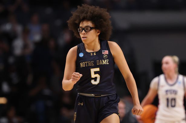 Olivia Miles #5 of the Notre Dame Fighting Irish reacts during the first half against the TCU Horned Frogs in the Sweet Sixteen round of the NCAA Women's Basketball Tournament at Legacy Arena at the BJCC on March 29, 2025 in Birmingham, Alabama