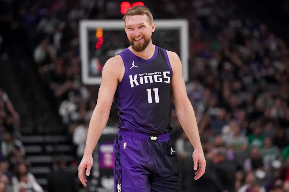 Sacramento Kings center Domantas Sabonis (11) smiles after a timeout against the Boston Celtics in the second quarter at the Golden 1 Center. Mandatory Credit: Cary Edmondson-Imagn ImagesCredit: Cary Edmondson-Imagn Images