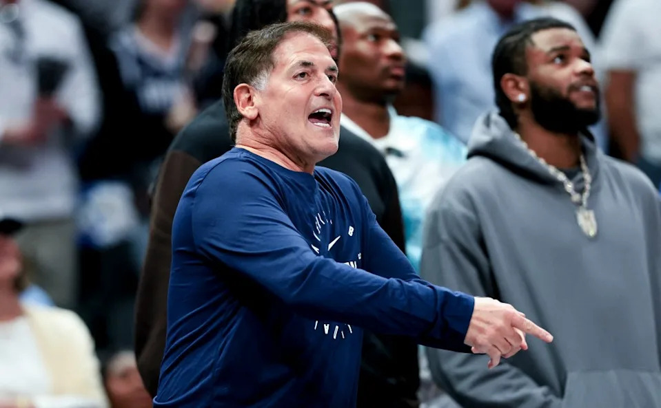 Mark Cuban reacts against the Philadelphia 76ers during the second half at American Airlines Center on March 16, 2025. IMAGN IMAGES via Reuters Connect