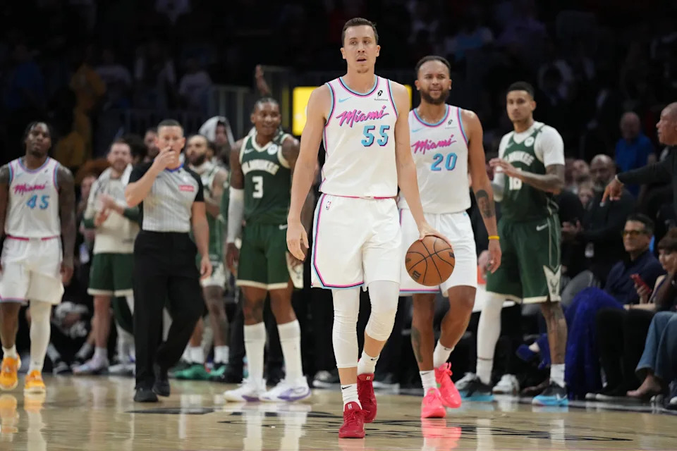 Apr 5, 2025; Miami, Florida, USA; Miami Heat forward Duncan Robinson (55) looks on after losing possession on a traveling call in overtime at Kaseya Center. Mandatory Credit: Jim Rassol-Imagn Images