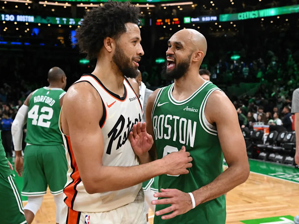 Dec 4, 2024; Boston, Massachusetts, USA; Boston Celtics guard Derrick White (9) talks with Detroit Pistons guard Cade Cunningham (2) after a game at the TD Garden.© Brian Fluharty-Imagn Images