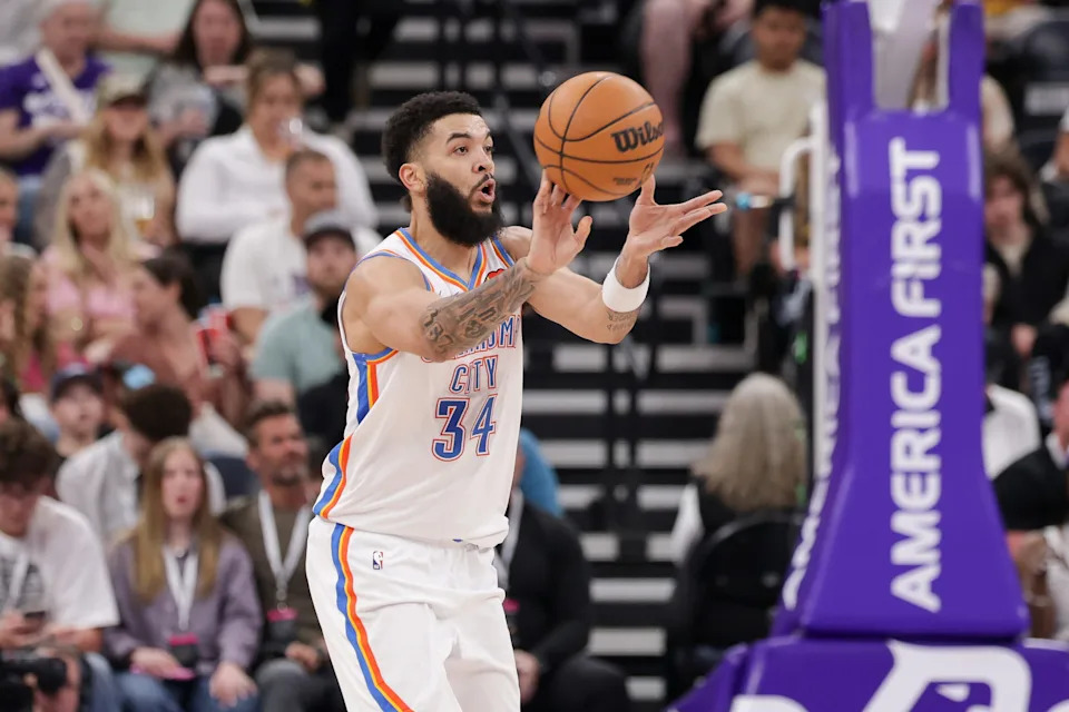 Apr 11, 2025; Salt Lake City, Utah, USA; Oklahoma City Thunder forward Kenrich Williams (34) passes the ball pu the court during the second quarter against the Utah Jazz at Delta Center. Mandatory Credit: Chris Nicoll-Imagn Images