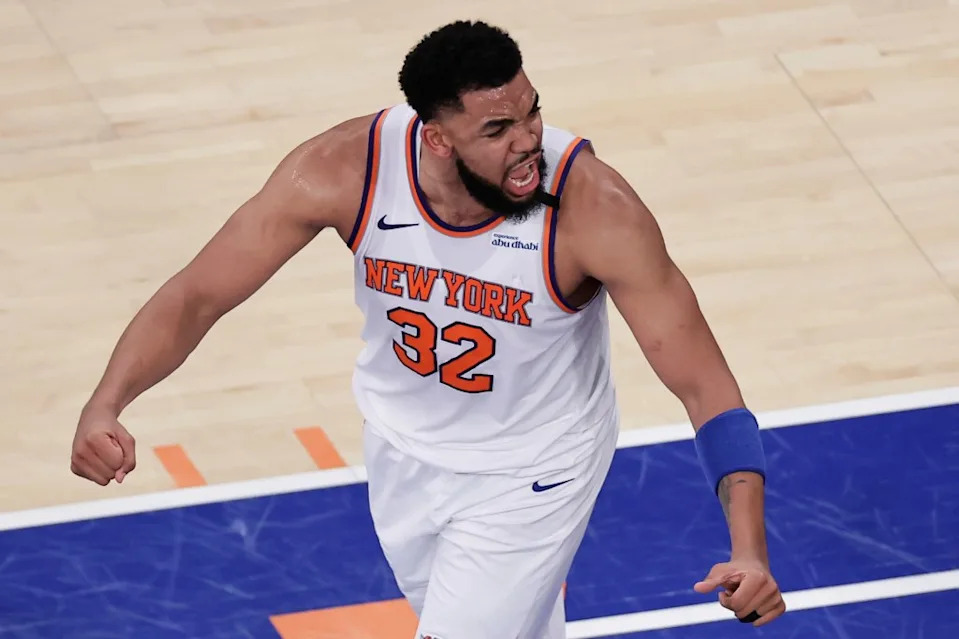 Karl-Anthony Towns celebrates during the second quarter of the Knicks’ Game 5 victory over the Pacers. AP
