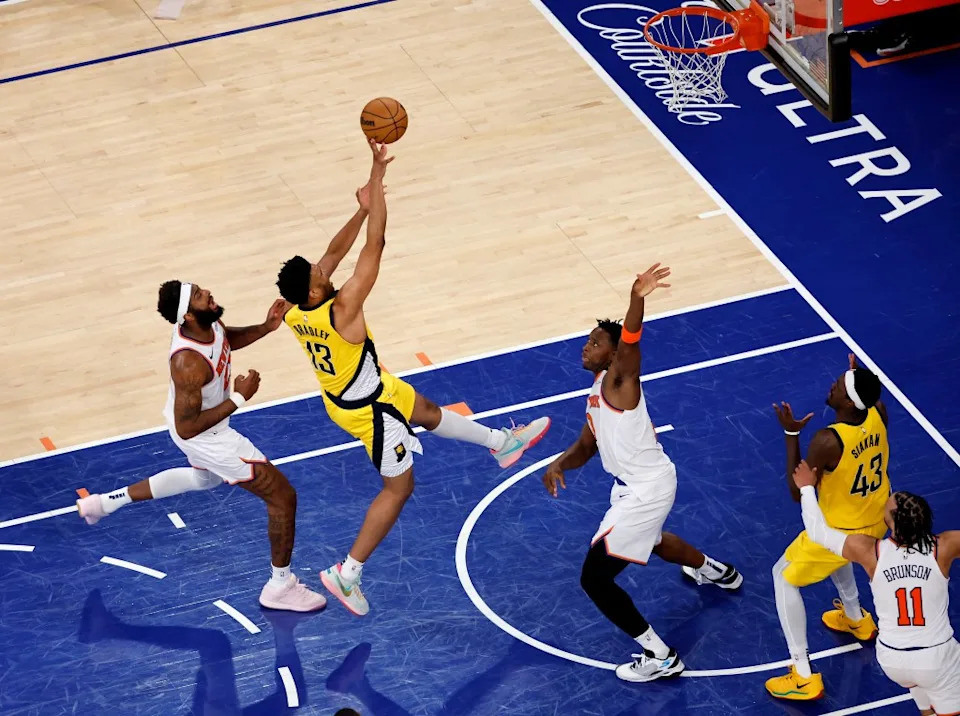 Tony Bradley attempts a shot during the Pacers’ Game 2 win over the Knicks on May 23. Jason Szenes for the NY Post