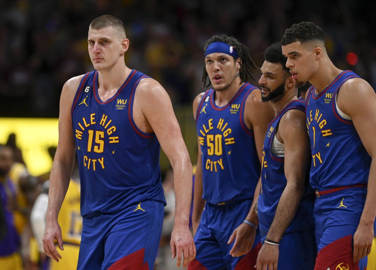 Nikola Jokic (15) of the Denver Nuggets leads Aaron Gordon (50), Jamal Murray (27) and Michael Porter Jr. (1) of the Denver Nuggets towards the bench. DENVER NUGGETS VS LOS ANGELES LAKERS, NBA PLAYOFFS