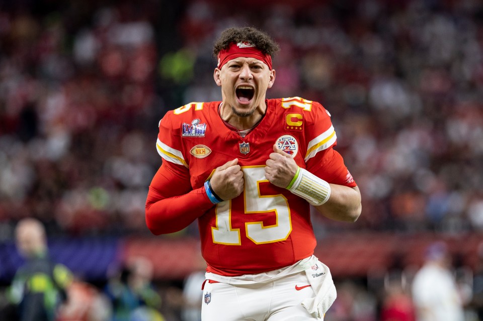 Patrick Mahomes #15 of the Kansas City Chiefs celebrates at Super Bowl LVIII.