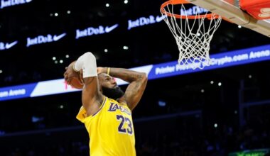 LeBron James of the Los Angeles Lakers dunks the ball in the Lakers