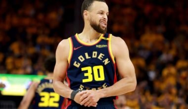Golden State Warriors Stephen Curry holds his injured thumb during game four of the team