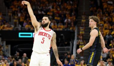 Fred VanVleet of the Houston Rockets reacts to a three point basket in the Rockets