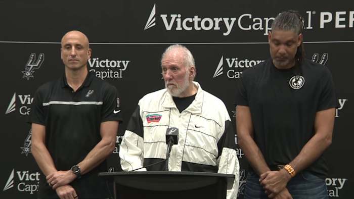 Spurs’ Gregg Popovich addresses fans, passes the torch to new head coach Mitch Johnson