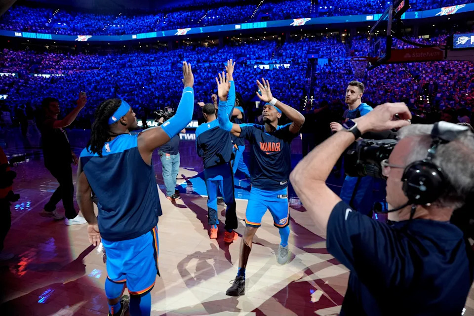 Oklahoma City Thunder guard Shai Gilgeous-Alexander (2) is introduced before Game 2 of the NBA playoff series between the Oklahoma City Thunder and the Memphis Grizzlies at Paycom Center in Oklahoma City , Tuesday, April 22, 2025. Oklahoma City won 118-99.