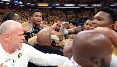 Giannis, Haliburton's dad have words