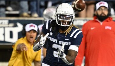 Rahsul Faison catches a pass at Utah State.