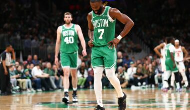Jaylen Brown of the Boston Celtics reacts during the team