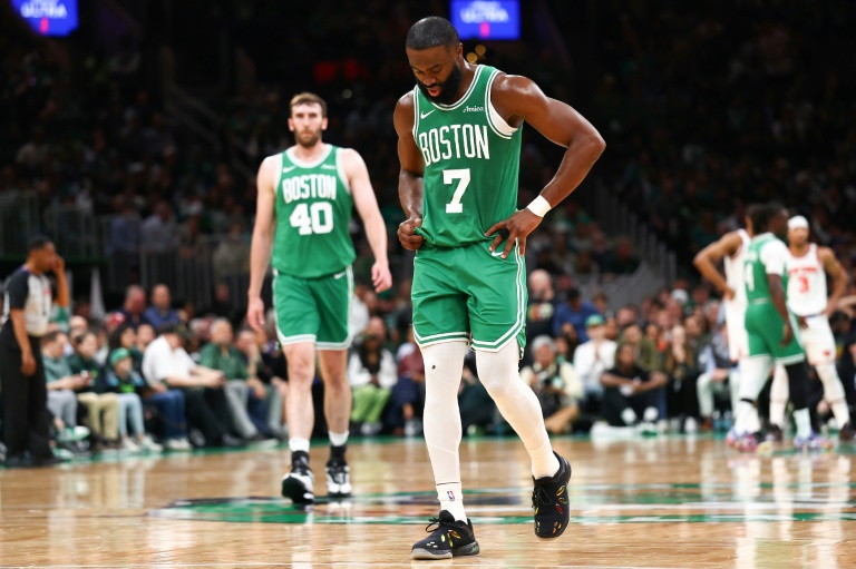 Jaylen Brown of the Boston Celtics reacts during the team