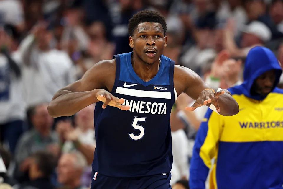 MINNEAPOLIS, MINNESOTA - MAY 08: Anthony Edwards #5 of the Minnesota Timberwolves celebrates his three-point basket against the Golden State Warriors in the first quarter of Game Two of the Western Conference Second Round NBA Playoffs at Target Center on May 08, 2025 in Minneapolis, Minnesota. NOTE TO USER: User expressly acknowledges and agrees that, by downloading and or using this photograph, User is consenting to the terms and conditions of the Getty Images License Agreement. (Photo by David Berding/Getty Images)